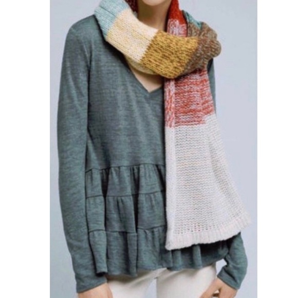 Anthropologie Teal Tiered Ruffled Peplum Long Sleeve V Neck Knit Top - Picture 8 of 10